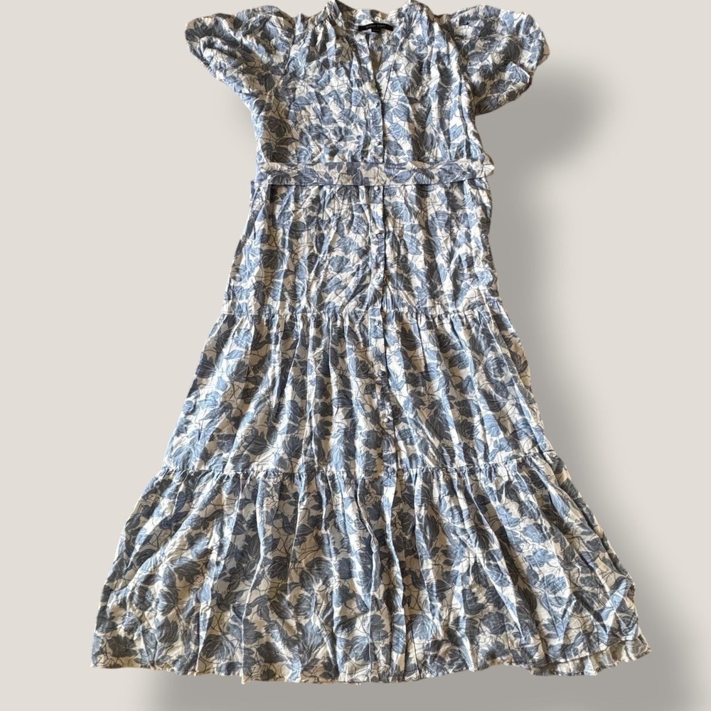 Cynthia Steffe Maxi Dress Women L Blue Coastal Floral Tiered Belted Short Sleeve